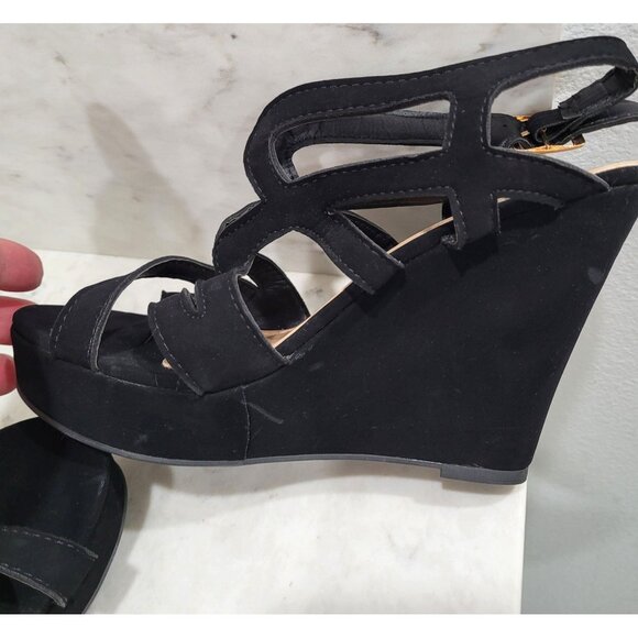 Top Moda Black Faux Suede Strappy Wedge Sandals Size 6.5 - Picture 7 of 10